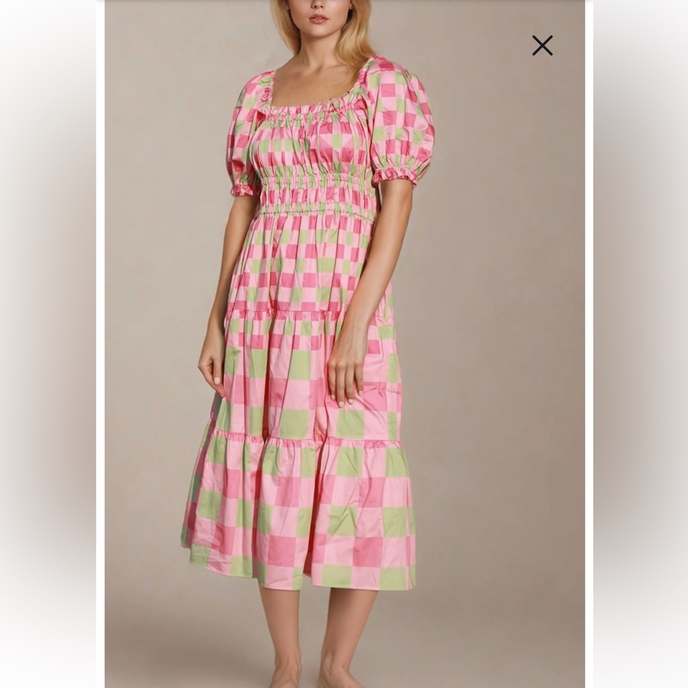 Pink and Green Checkered Puff Sleeve Dress